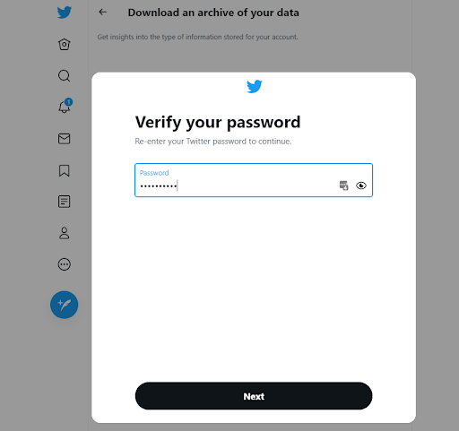 A screenshot from the Twitter settings page “Download an archive of your data.”. A pop-up window says “Verify your password.”