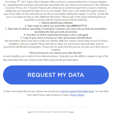 This screenshot from a Tesla email illustrates some of the data that consumers are required to provide before accessing Tesla vehicle data if they do not have an account. It includes vehicle identification number, the start date of vehicle ownership, and date the vehicle was sold.